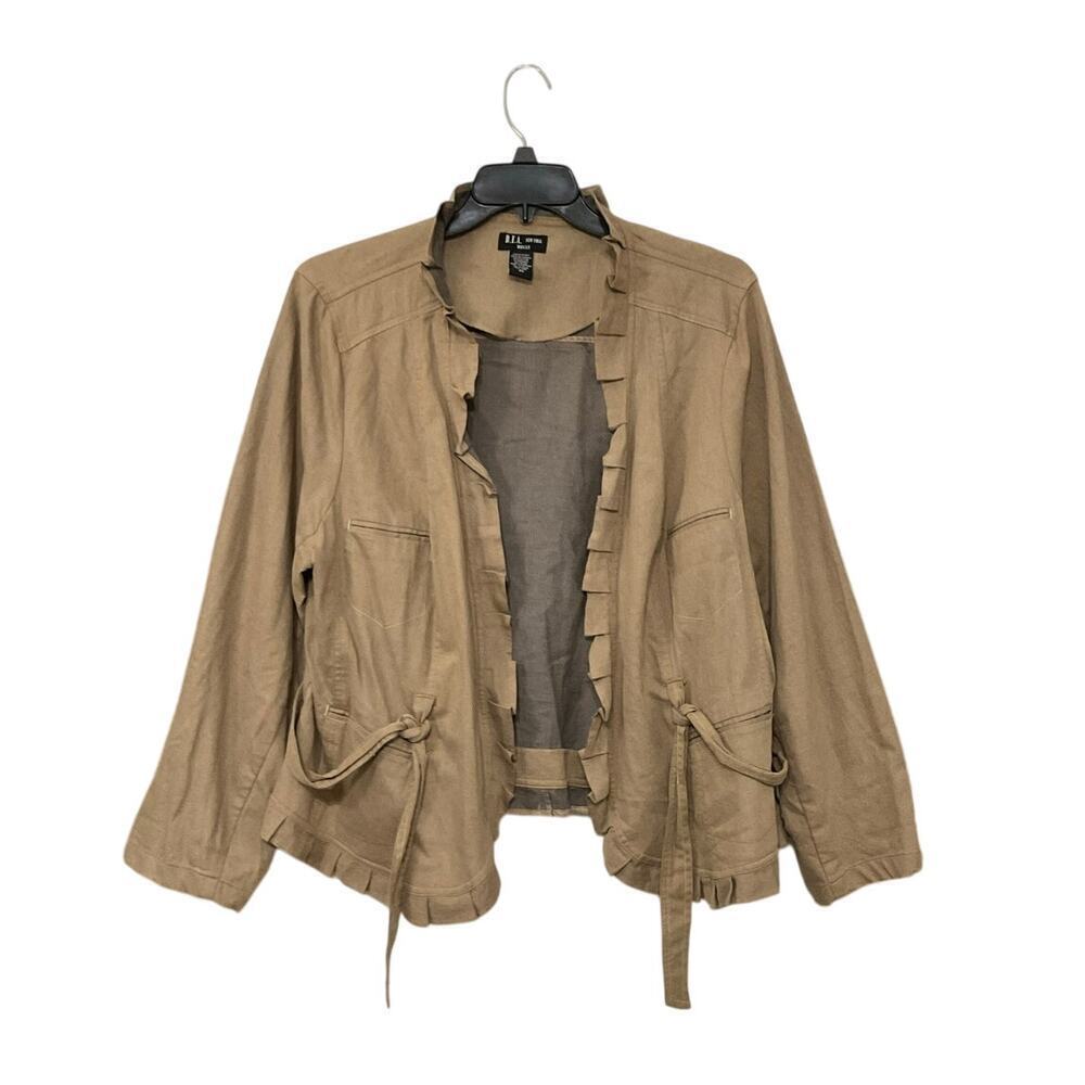 D.F.A New York Tan Ruffle Jacket Tie Front High Neck Size 2X Plus Steampunk